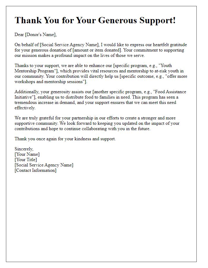 Letter template of acknowledgment for social service agency donors highlighting specific programs.