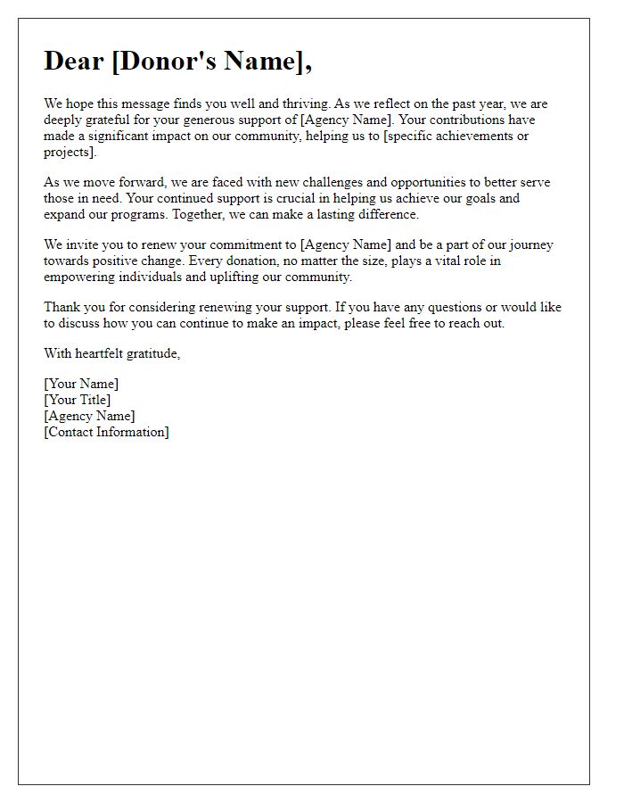 Letter template of encouragement for social service agency donors to renew support.