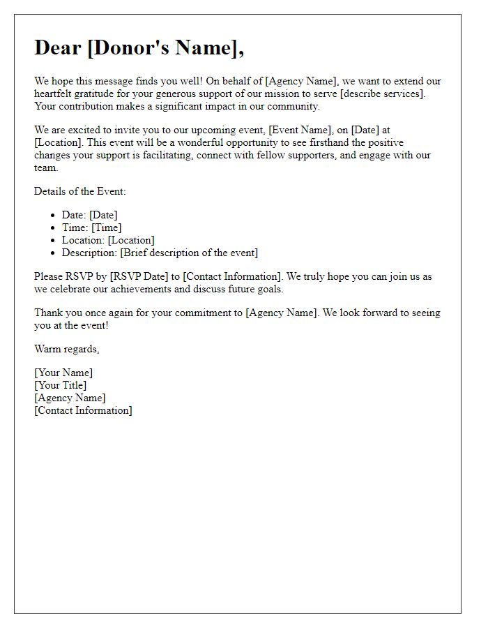 Letter template of engagement for social service agency donors inviting them to events.