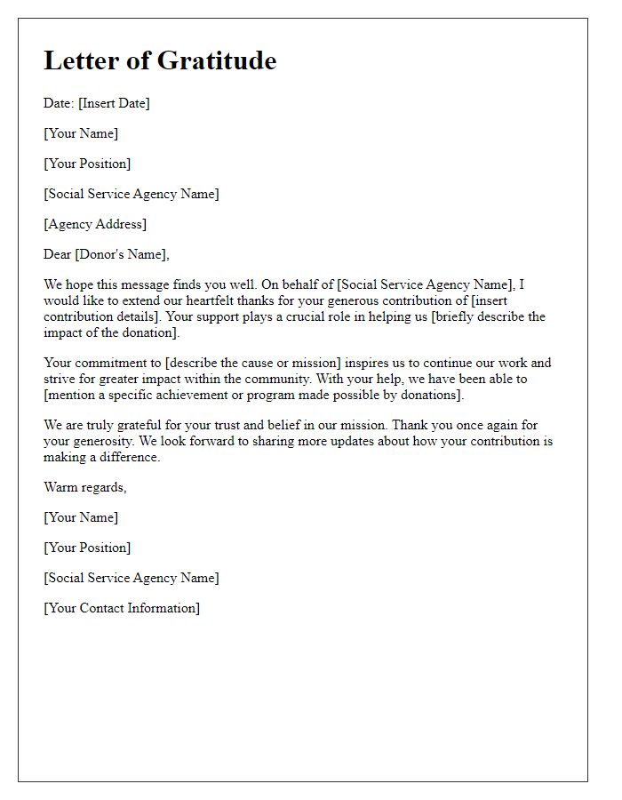 Letter template of gratitude to social service agency donors for their contributions.