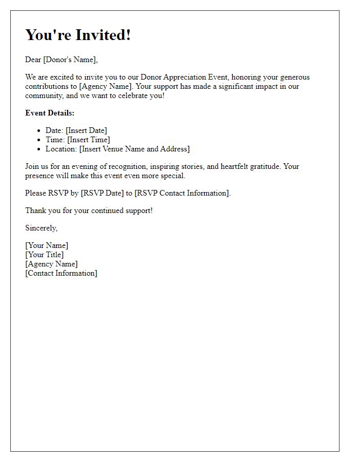 Letter template of invitation for social service agency donors to a donor appreciation event.