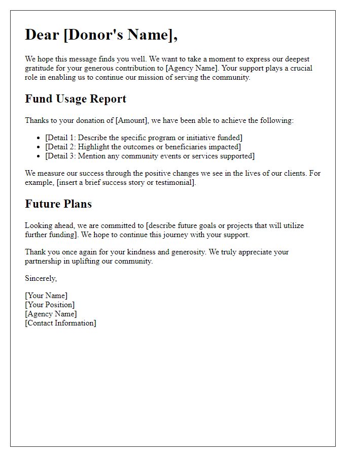 Letter template of reporting back to social service agency donors about fund usage.