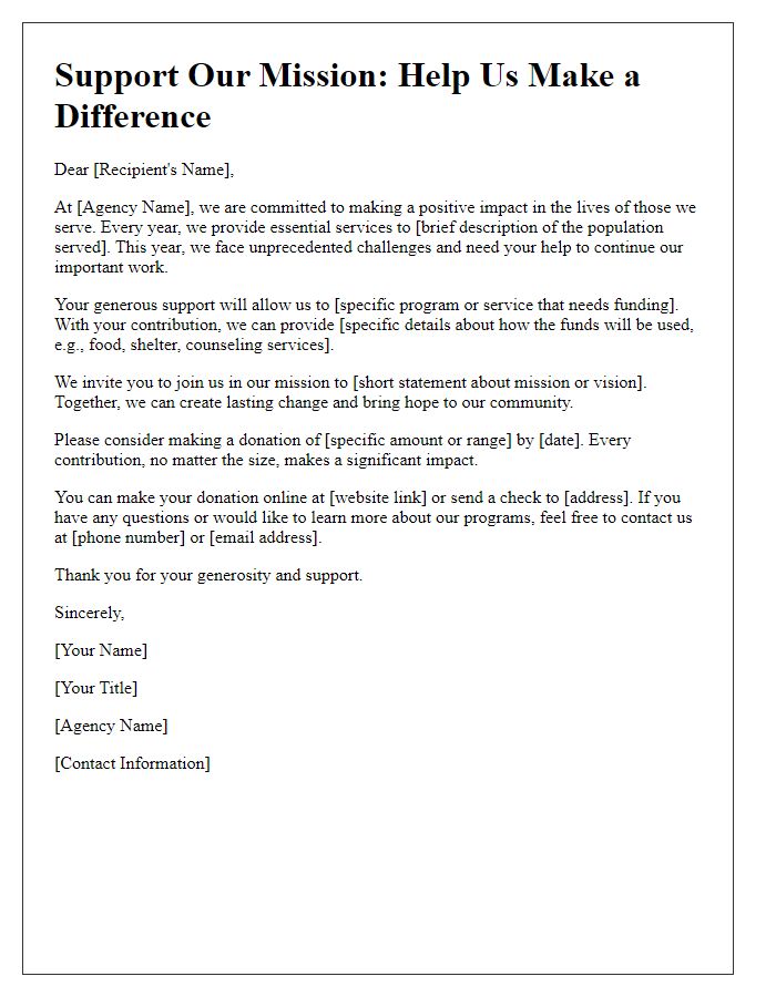 Letter template of fundraising appeal for social service agency