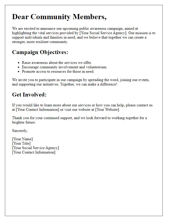 Letter template of public awareness campaign for social service agency