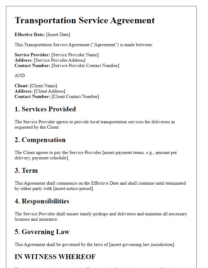 Letter template of transportation service agreement for local deliveries.