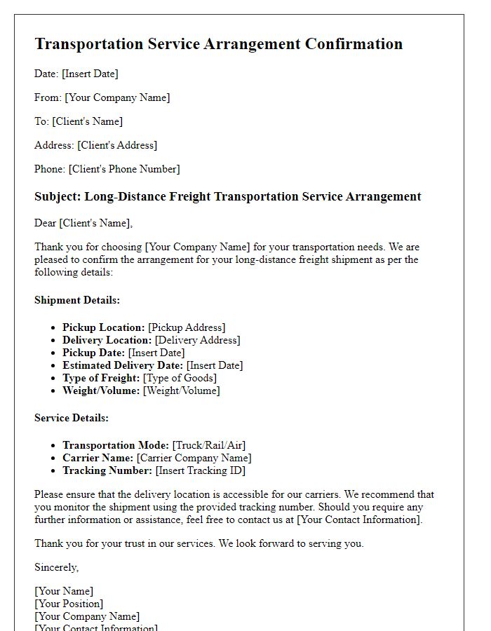 Letter template of transportation service arrangement for long-distance freight.