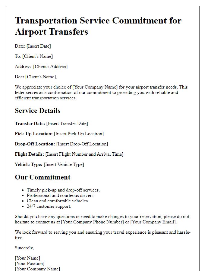 Letter template of transportation service commitment for airport transfers.