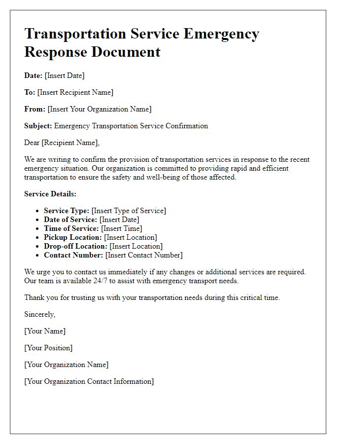 Letter template of transportation service document for emergency response.