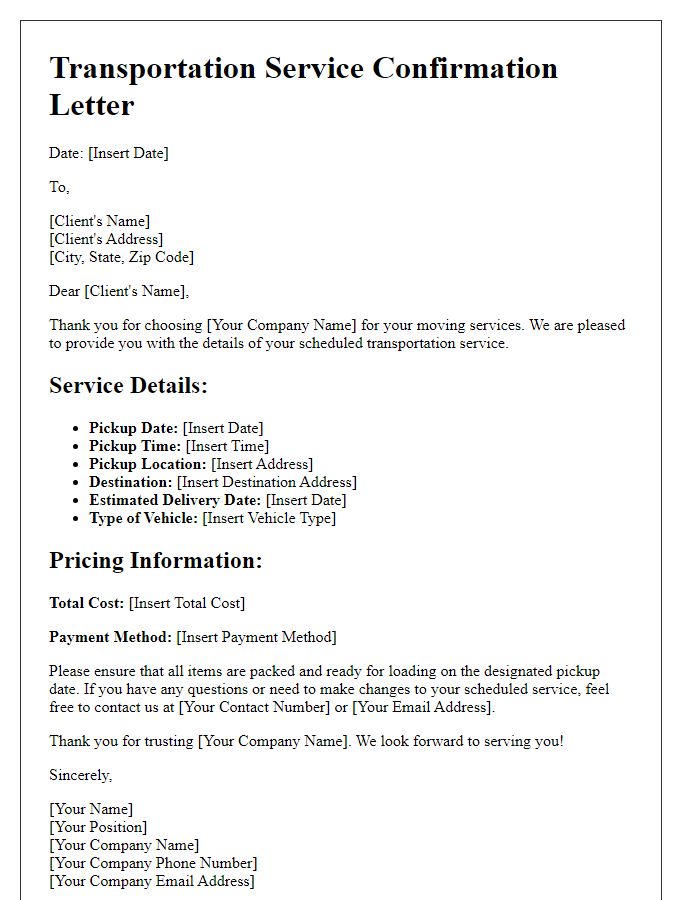 Letter template of transportation service outline for moving services.