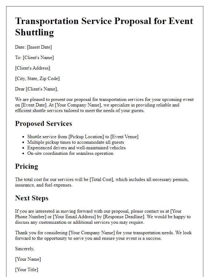 Letter template of transportation service proposal for event shuttling.