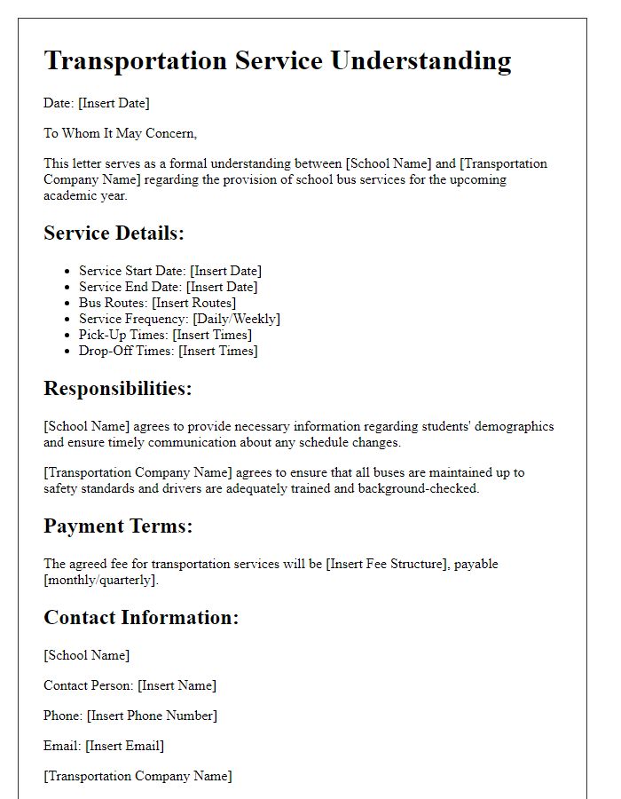 Letter template of transportation service understanding for school bus services.