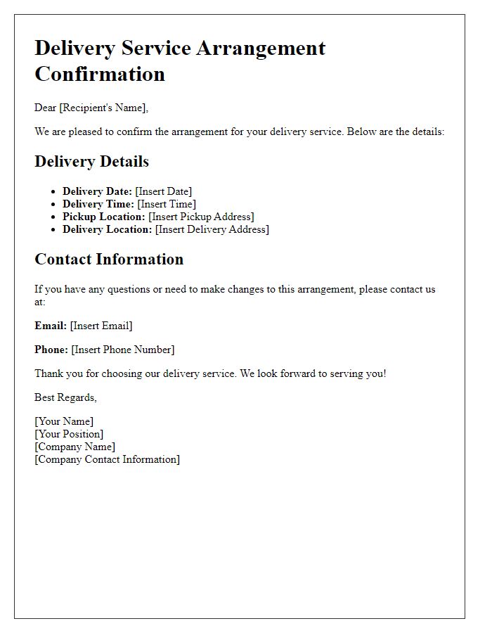 Letter template of delivery service arrangement confirmation