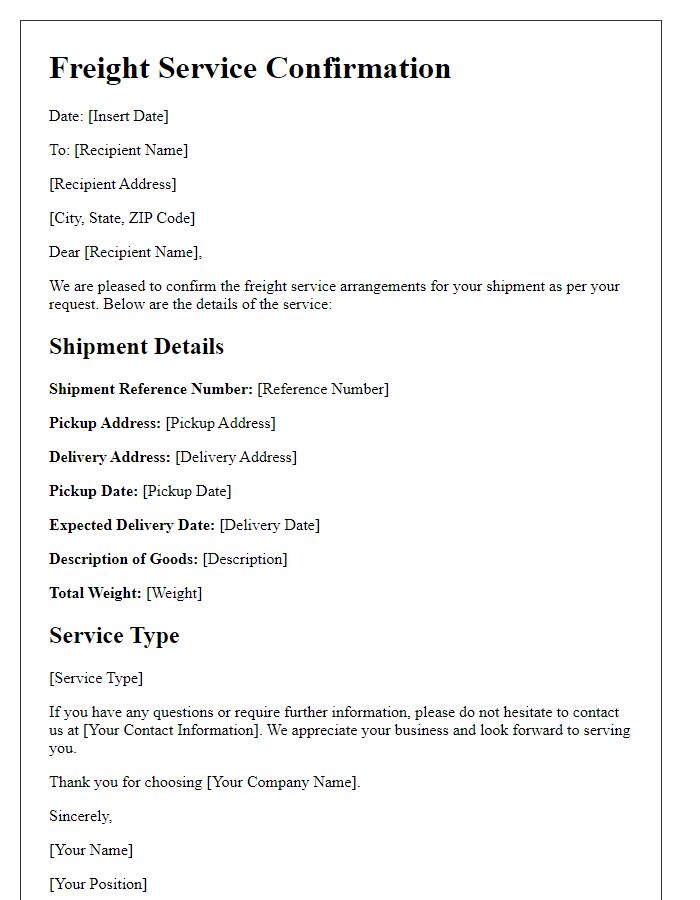 Letter template of freight service confirmation letter