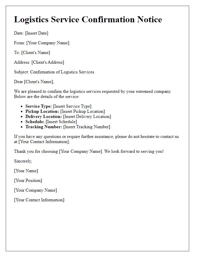 Letter template of logistics service confirmation notice