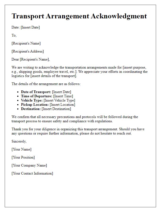 Letter template of transport arrangement acknowledgment