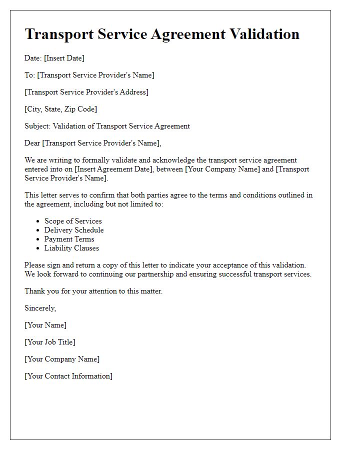 Letter template of transport service agreement validation