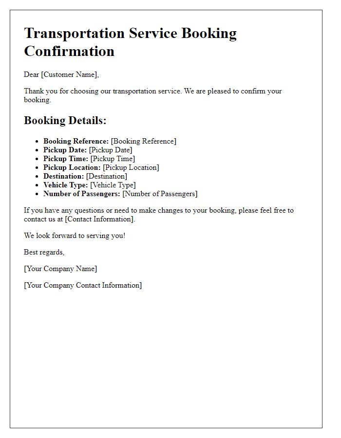 Letter template of transportation service booking confirmation