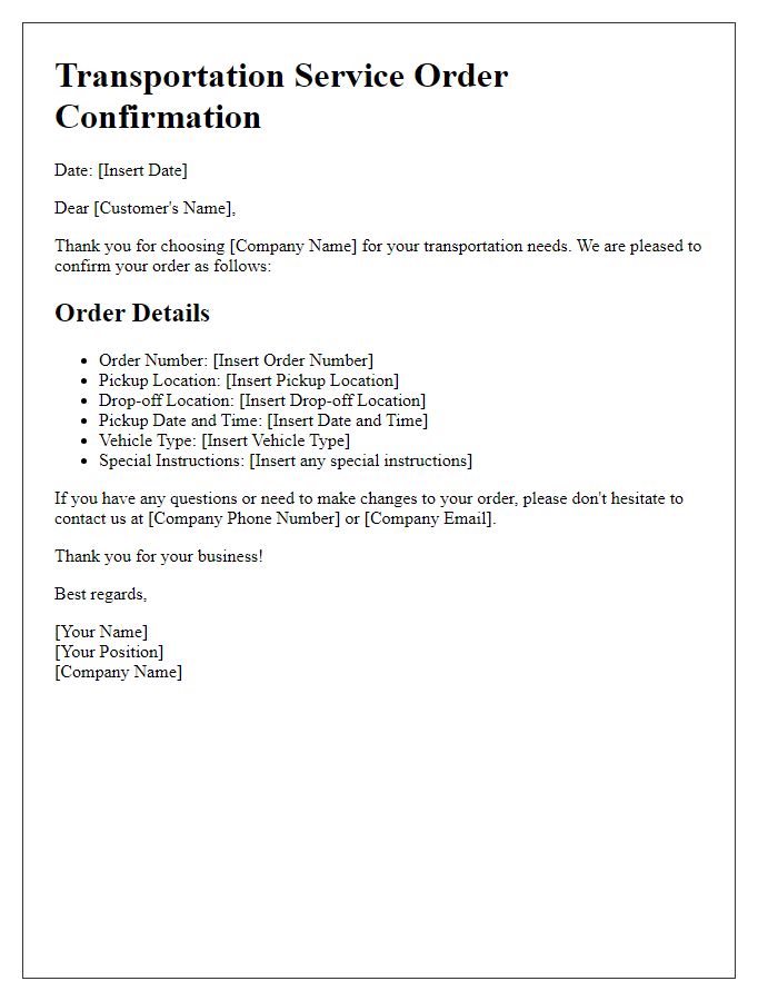 Letter template of transportation service order confirmation