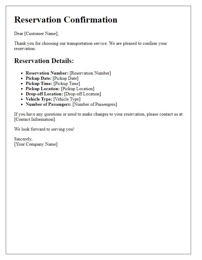 Letter template of transportation service reservation confirmation