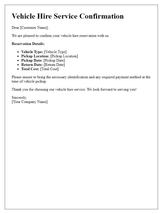 Letter template of vehicle hire service confirmation