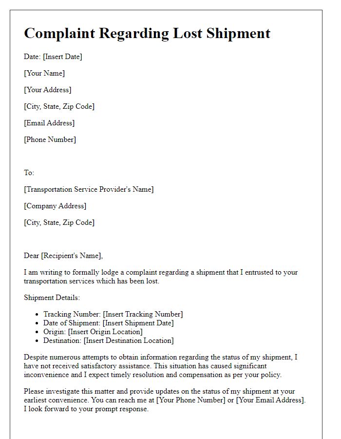 Letter template of transportation service complaint concerning lost shipments.