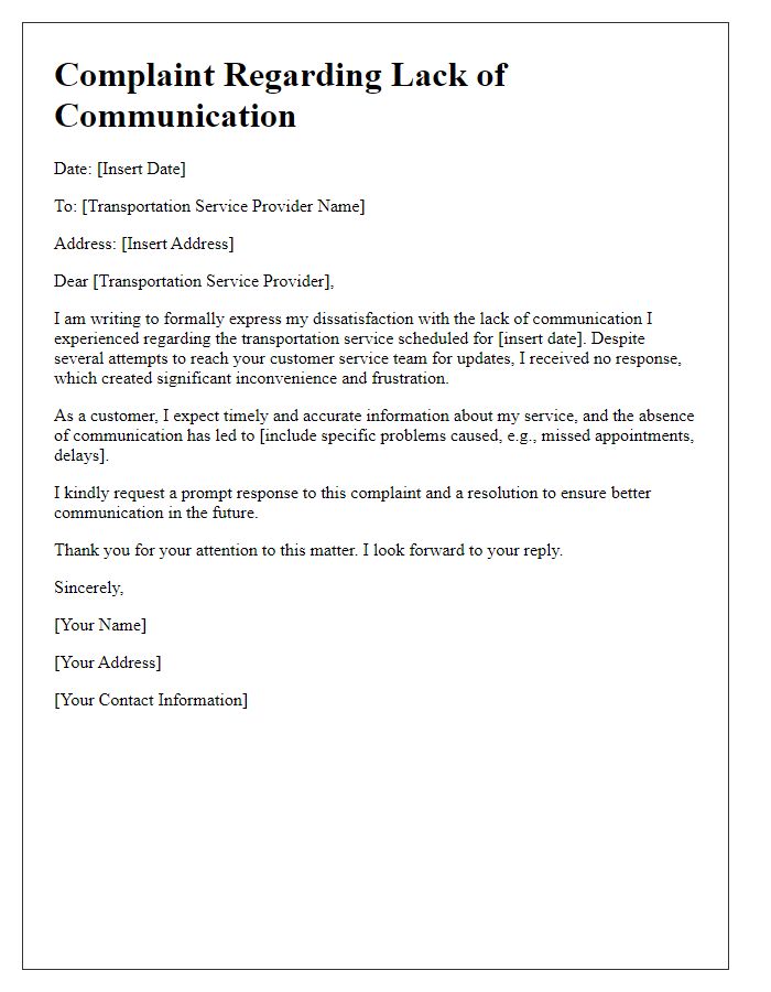 Letter template of transportation service complaint regarding lack of communication.