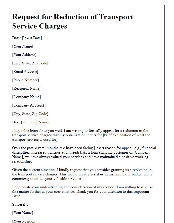 Letter template of appeal for reduced transport service charges