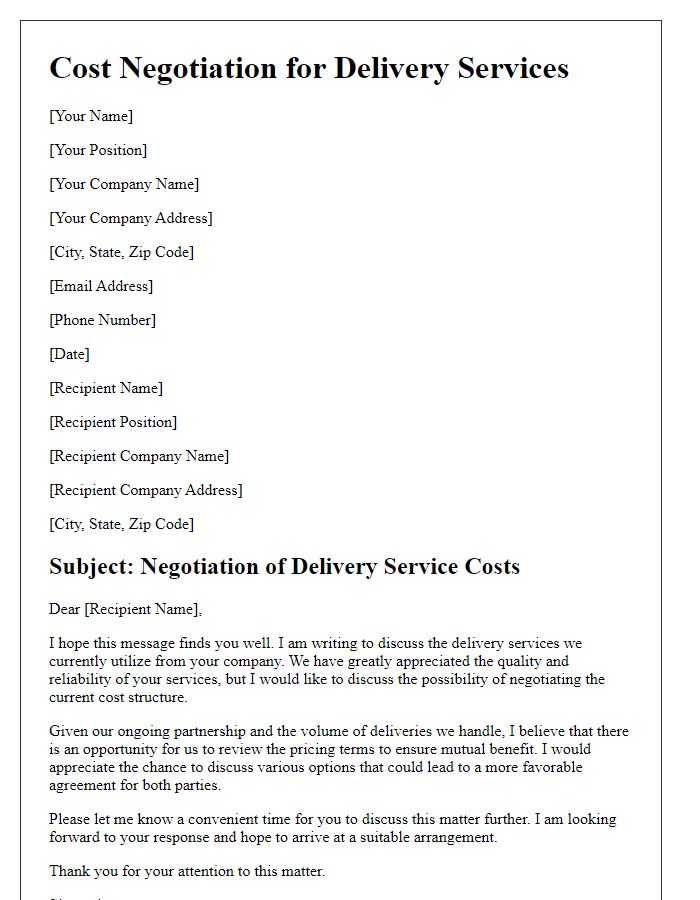 Letter template of cost negotiation for delivery services