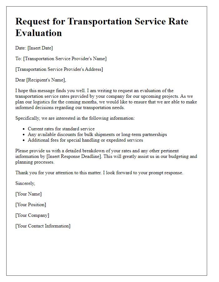 Letter template of request for transportation service rate evaluation