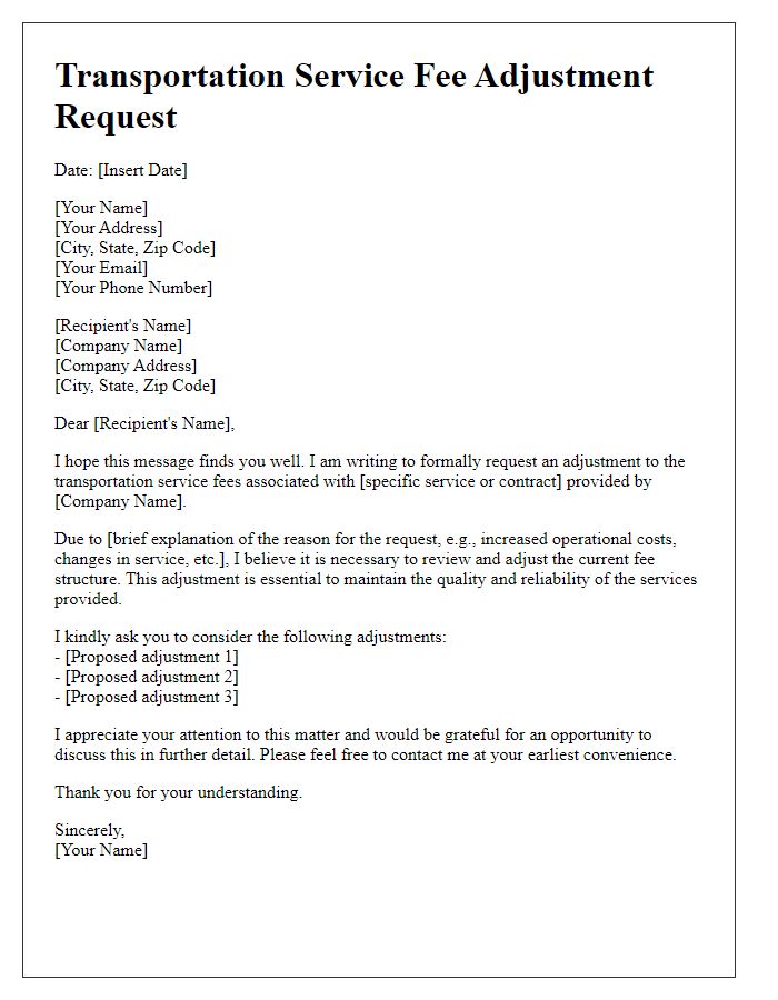 Letter template of transportation service fee adjustment request