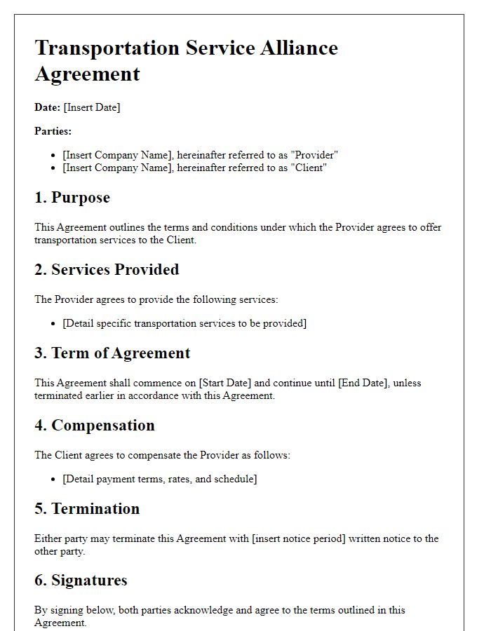 Letter template of Agreement for Transportation Service Alliance