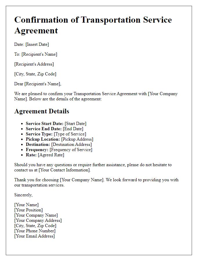 Letter template of Confirmation for Transportation Service Agreement