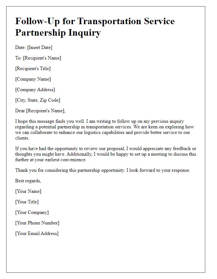 Letter template of Follow-Up for Transportation Service Partnership Inquiry