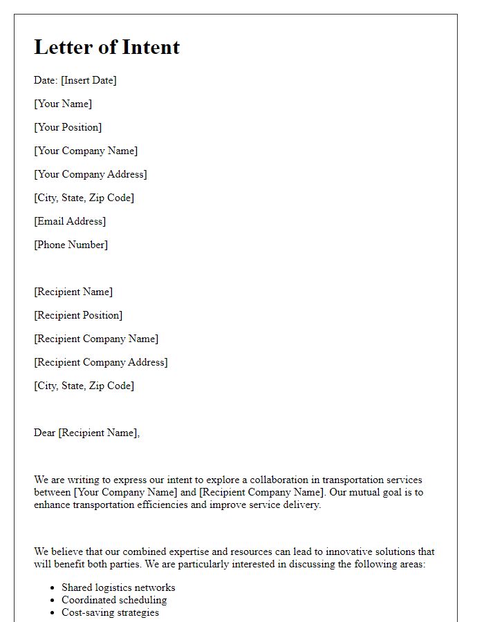 Letter template of Intent for Transportation Service Collaboration