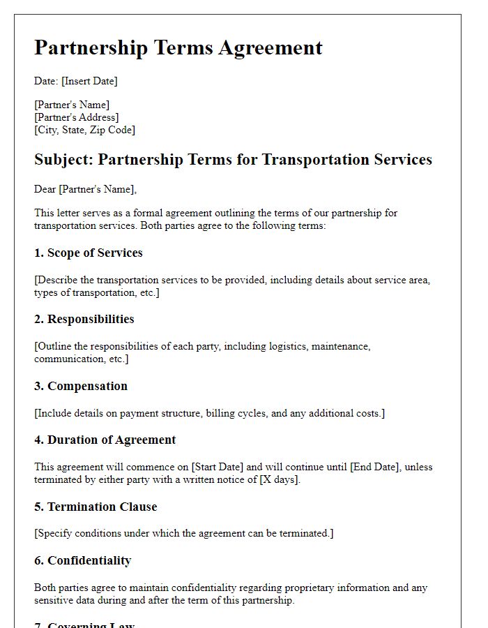 Letter template of Partnership Terms for Transportation Services