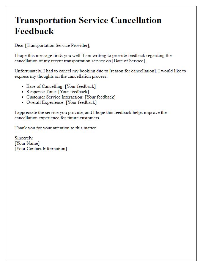 Letter template of transportation service cancellation feedback