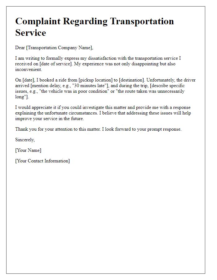 Letter template of transportation service complaint