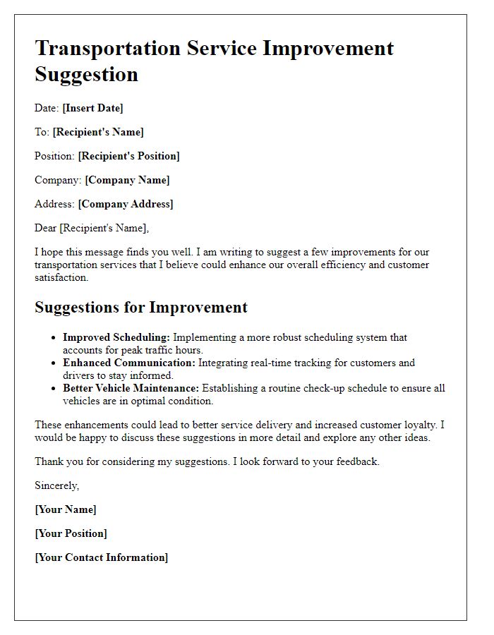 Letter template of transportation service improvement suggestion