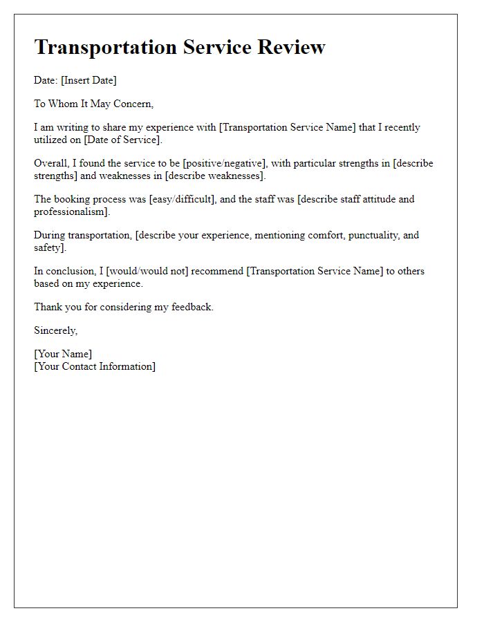 Letter template of transportation service review