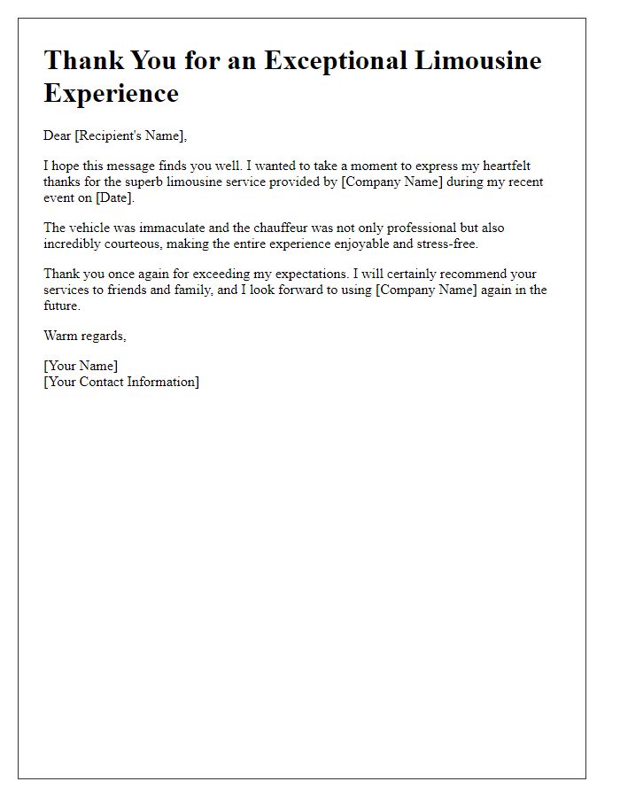 Letter template of thanks for superb limousine experience.