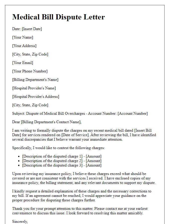 Letter template of medical bill dispute for overcharges