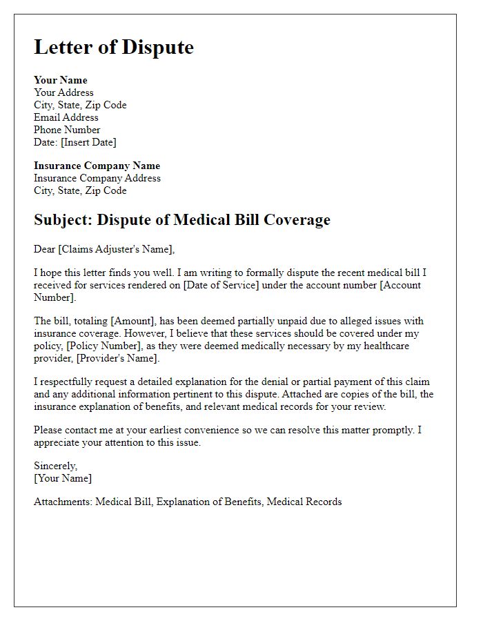 Letter template of medical bill dispute regarding insurance coverage