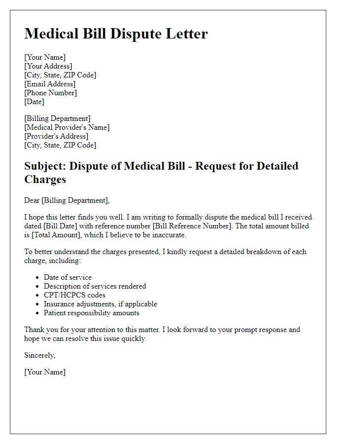 Letter template of medical bill dispute requesting detailed charges