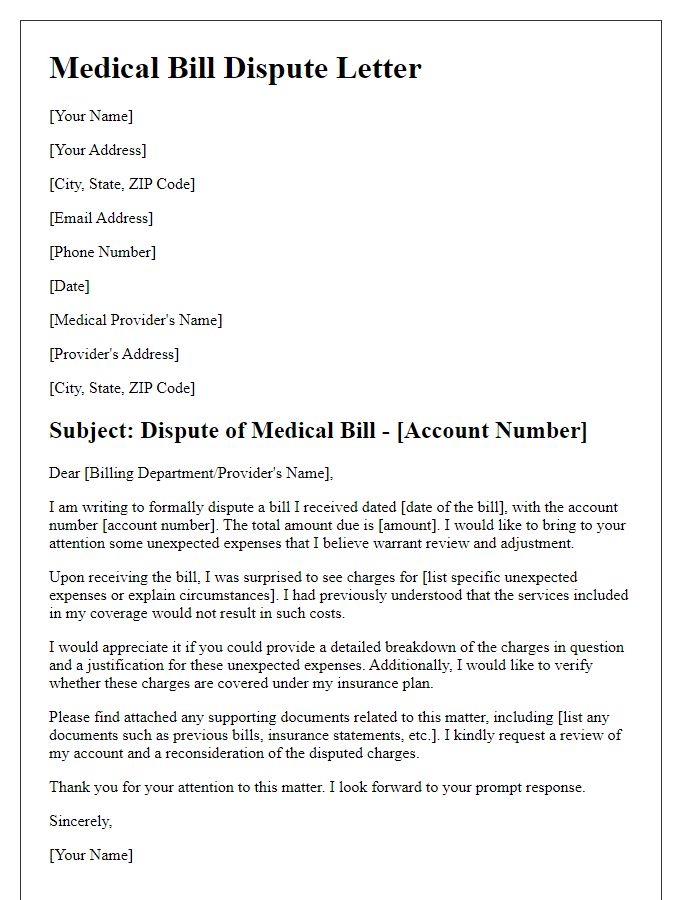 Letter template of medical bill dispute for unexpected expenses