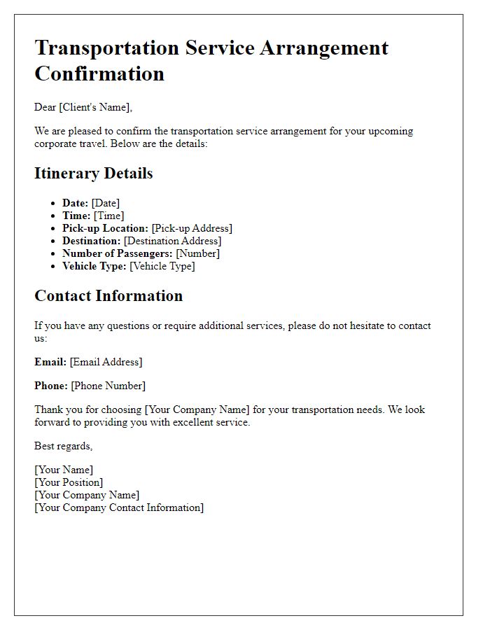 Letter template of transportation service arrangement for corporate travel.