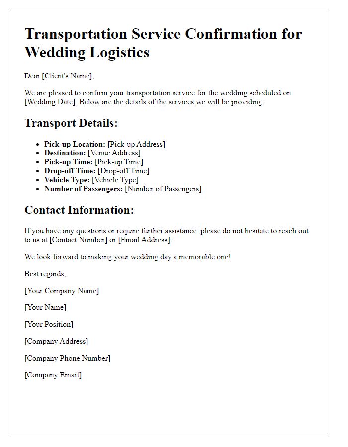 Letter template of transportation service confirmation for wedding logistics.