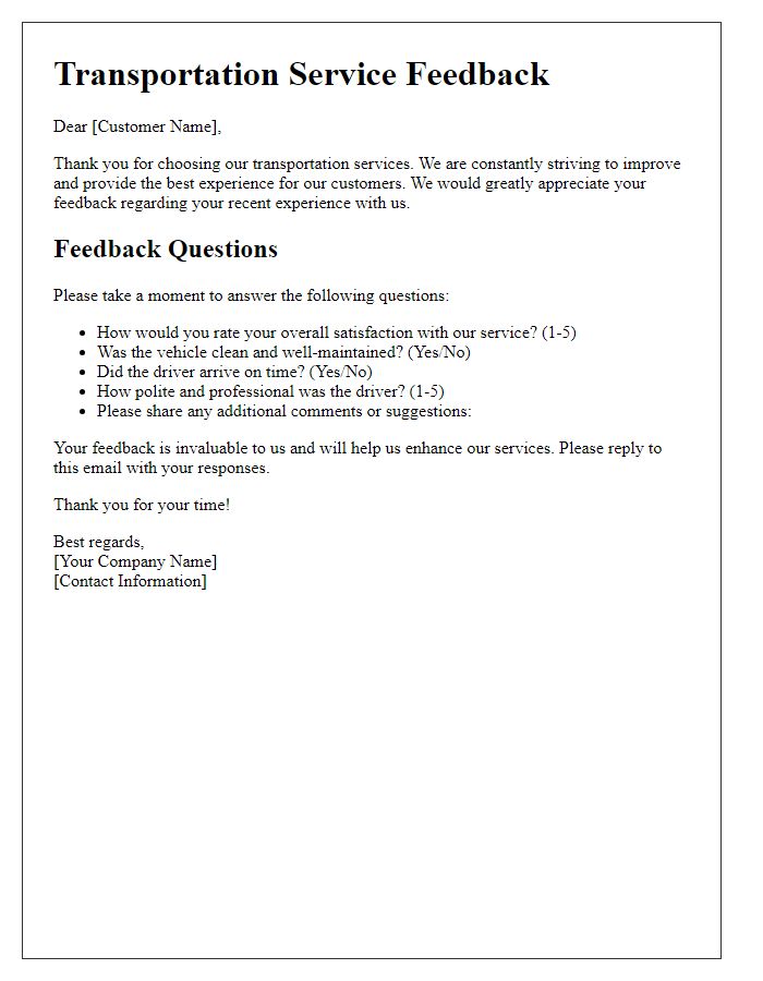 Letter template of transportation service feedback for customer satisfaction.