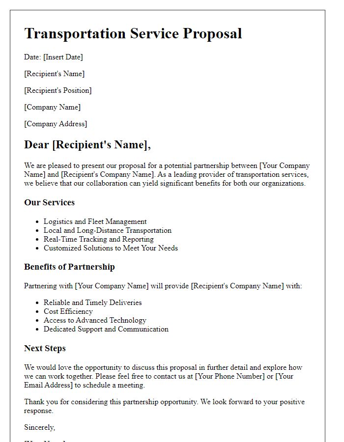 Letter template of transportation service proposal for partnership opportunities.