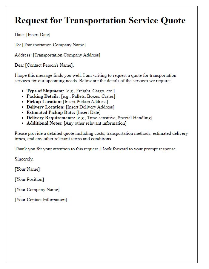 Letter template of transportation service quote request for cost assessment.