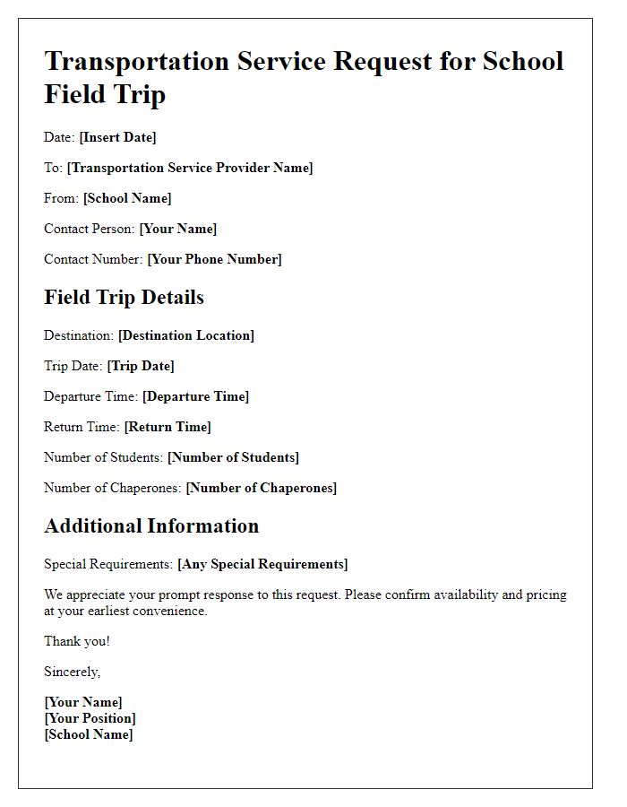 Letter template of transportation service request for school field trips.